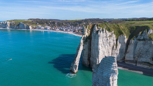 Aerial view of the iconus Limestone Needle and Aval Arch in the seaside village of Etretat in Normandy, France