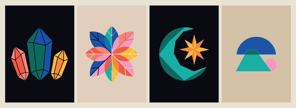 Colorful Kaleidoscope and Moon, Modern Star Poster, Minimalist Night Illustration, Abstract Moon Wall Art, Geometric Colorful Graphics, Celestial Decor, Creative Mosaic Print.