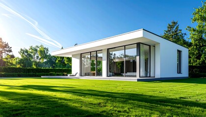 Fototapeta premium Modern, minimalist house with expansive glass windows, surrounded by a vibrant green lawn and trees, under a bright blue sky