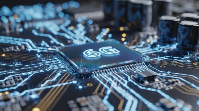 Closeup of a computer chip with a 6g logo on a circuit board with blue lights