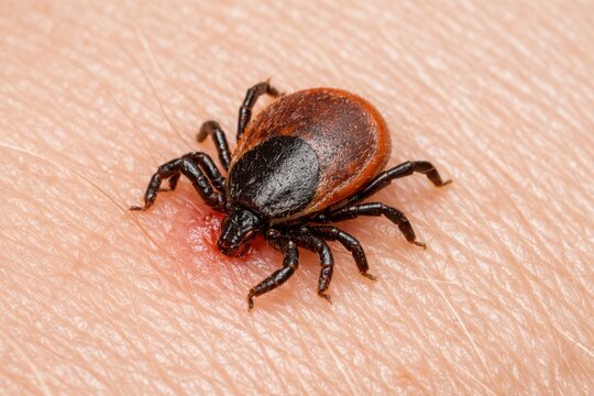 Macro view of tick biting human skin with blood showing parasite feeding and infection risk concept