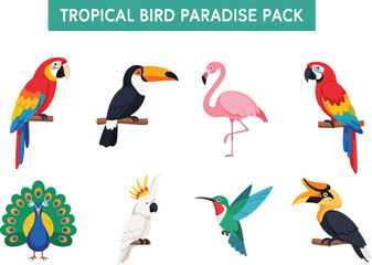 Fototapeta premium Vibrant Collection of Tropical Birds Including Macaws, Toucans, Flamingos, Parrots, Peacocks, Cockatoos, Hummingbirds, and Hornbills