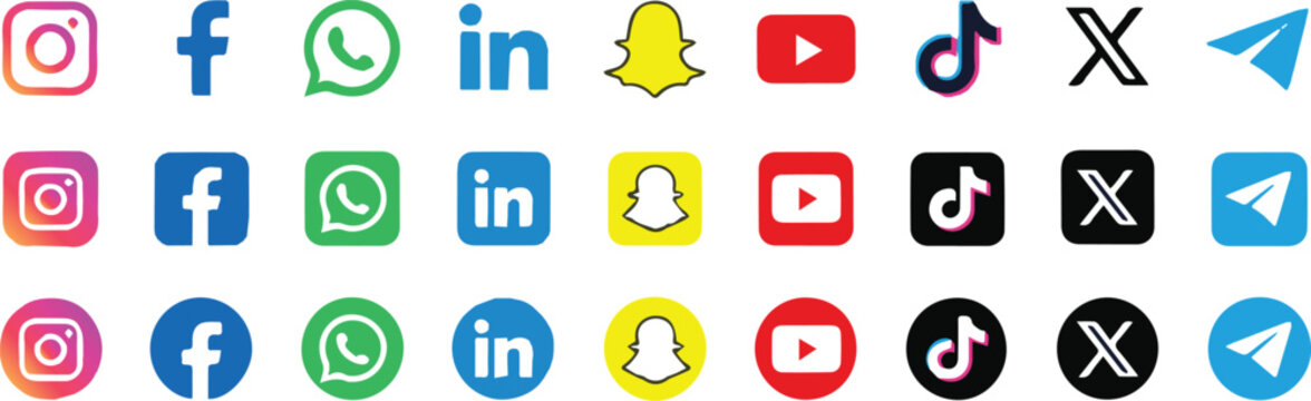 icons social media logos flat square circle set