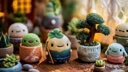 Charming miniature garden scene with cute handcrafted figurines and bonsai, perfect for whimsical home decor.