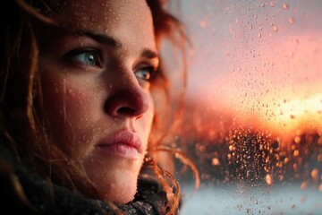 A thoughtful woman gazes through a rain-speckled window, capturing a serene sunset reflection.