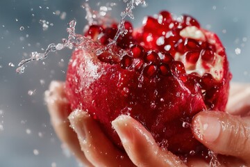 Dynamic close-up of a juicy pomegranate with water splashing, highlighting its vibrant color and freshness.