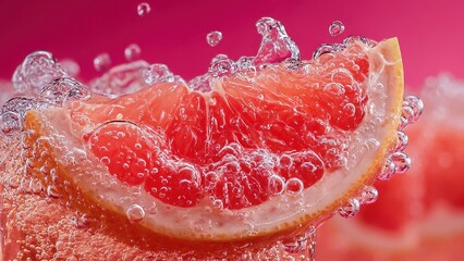 Vibrant grapefruit slice submerged in sparkling water, capturing refreshing bubbles and juicy textures in vivid detail.