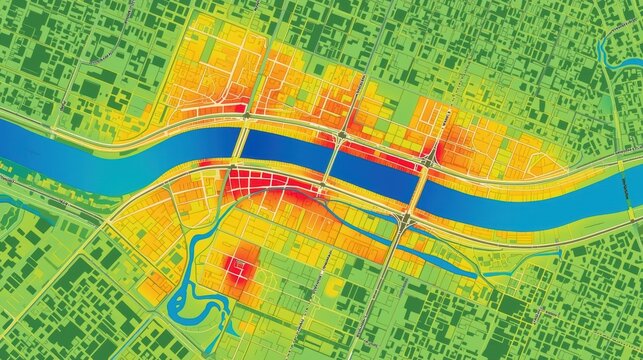 Aerial thermal map of an urban area with river crossings and infrastructure isolated on white background