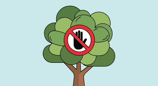 Do Not Touch Tree Flat Vector Illustration Blue Background Red Sign
