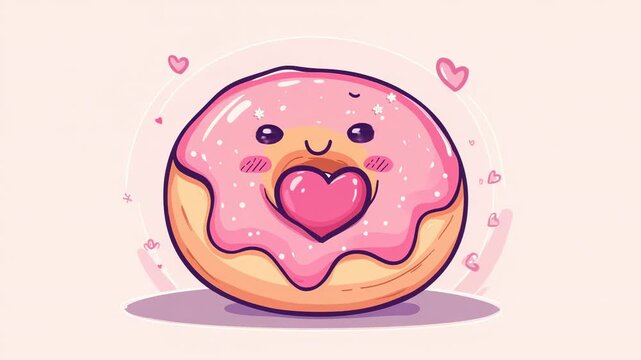 Cute pink donut with heart and sprinkles kawaii style sweet dessert cartoon love concept illustration