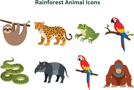 Collection of various rainforest animal icons including a sloth, leopard, frog, parrot, snake, tapir, and orangutan