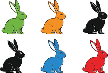 Fototapeta premium Colorful rabbit vector set, cute bunny silhouette icons, Easter holiday animal illustration bundle, sitting hare character design, nature wildlife pet symbols isolated 