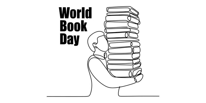 A single line drawing of a person carrying a large stack of books for world book day celebration. Vector, illustration