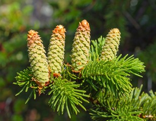 Fototapeta premium A close-up of four young pine cones on a spruce branch