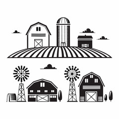 Fototapeta premium Black and white illustration of a rural landscape with barns and windmills