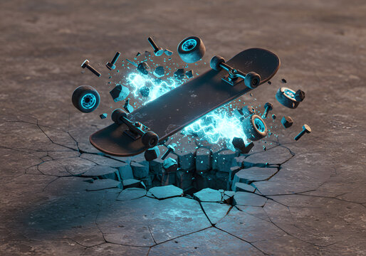 Skateboard exploding on cracked concrete
