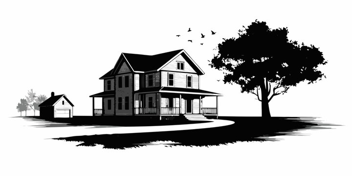 Black and white illustration of a victorian house with surrounding landscape