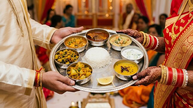Traditional Indian Wedding Thali Served by Couple &ndash; ideal for cultural ads, wedding promotions, food blogs, and festive campaigns