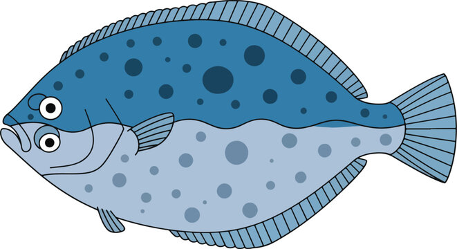 Flat Design Illustration Of A Blue Flounder Fish With Dark Spots