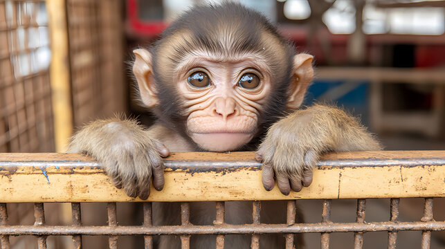 A Baby Monkey in a Cage Looking at the Camera