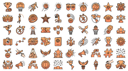 Women's and Men's Basketball Icon Set in Linear Style. Collection of sports icons, including basketball, ball, hoop, trophy, player, slam dunk, arena, tournament, medal, global © Itx Musa