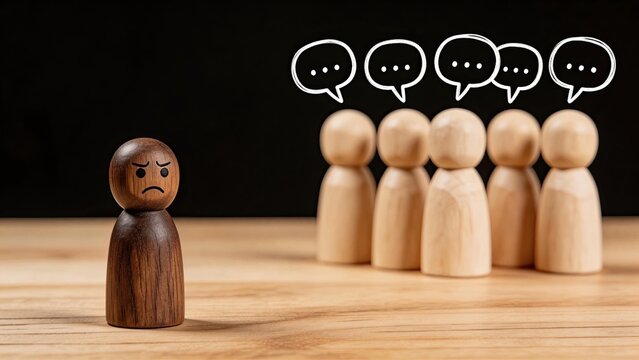 Sad wooden figure with angry face isolated from group of people with speech bubbles symbolizing loneliness social exclusion bullying or lack of communication in society