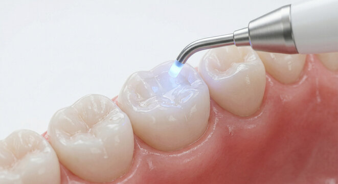 Close-Up of Dental Curing Light Applied to Human Molar During Restorative Dentistry Procedure