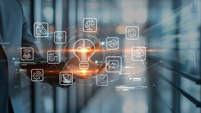 Businessman holding out his hand as a glowing lightbulb icon appears and expands into cloud, network, protection, IoT and finance symbols, representing smart integration and collaboration.