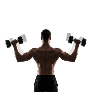 Shirtless muscular man seen from behind doing dumbbell lateral raises in a white studio with a stroboscopic motion sequence effect, fitness strength concept