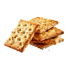 Fototapeta premium Stack of Four Crispy Golden Rectangular Crackers with Evenly Spaced Holes on Dark Background snack food, Png Isolated On White, Transparent Background