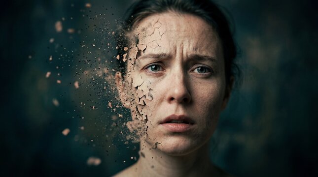 A distressed woman"s face appears to crumble and dissolve into fragments, symbolizing emotional breakdown or mental fragmentation.