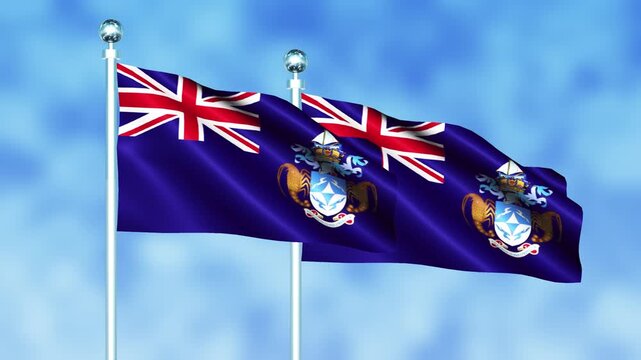 Tristan da Cunha National Flag Waving on Flagpole, Seamless Loop, Realistic 3D Animation