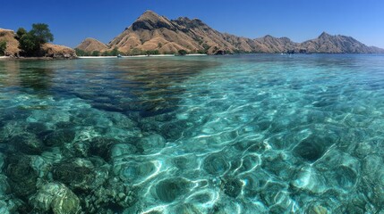 Obraz premium Turquoise Waters of Komodo: Underwater Rocks and Island Mountains