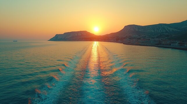 Golden Sunpath on a Teal Sea Wake: Sailing from a Coastal Town at Sunrise.