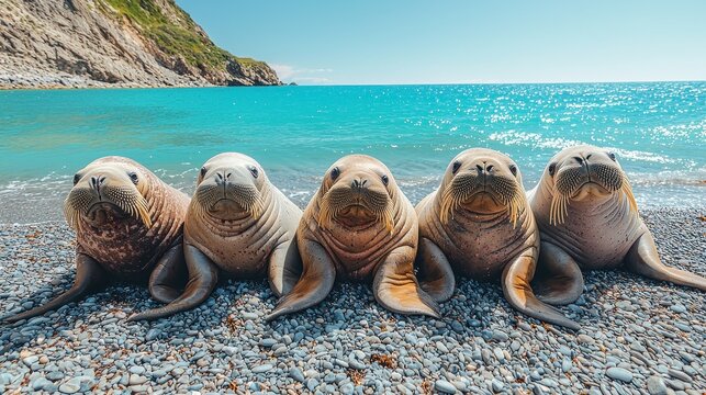 Curious Quintet: Five Young Walruses Posing Together on a Sunlit Pebble Beach