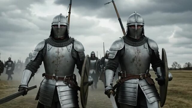 Two medieval knights in full armor marching forward with swords and shields on a battlefield under a cloudy sky