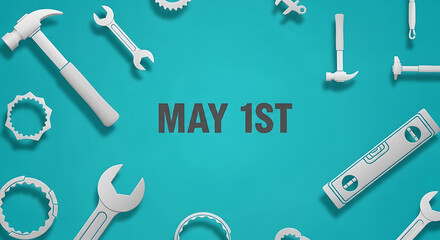 Fototapeta premium May 1st Labor Day tools and money flat lay on teal background