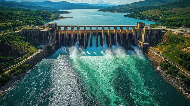 Grand Hydroelectric Dam Powerfully Releasing Turquoise Water into a Lush Mountain Valley