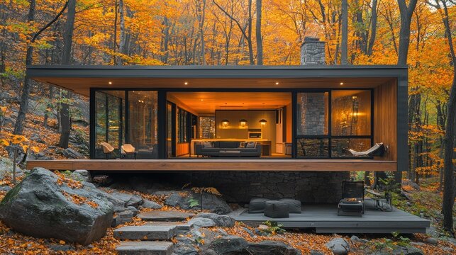 Architectural Gem: Modern Cabin with Warm Interior Glow Nestled in Vibrant Autumn Forest Landscape