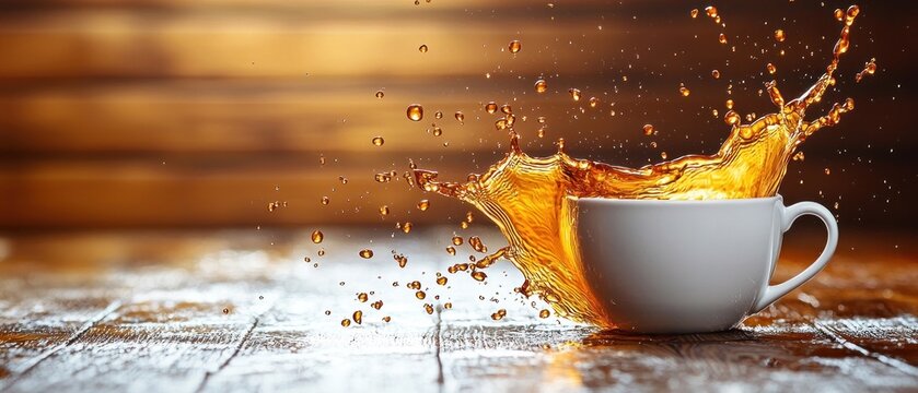 Dynamic Coffee Splash: White Cup, Golden Liquid, Wooden Surface, Dramatic Lighting.