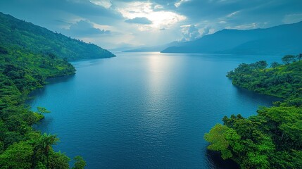 Obraz premium Panoramic Tropical Lake Vista with Shimmering Blue Waters and Lush Green Rainforest Slopes Under a Dramatic Sky