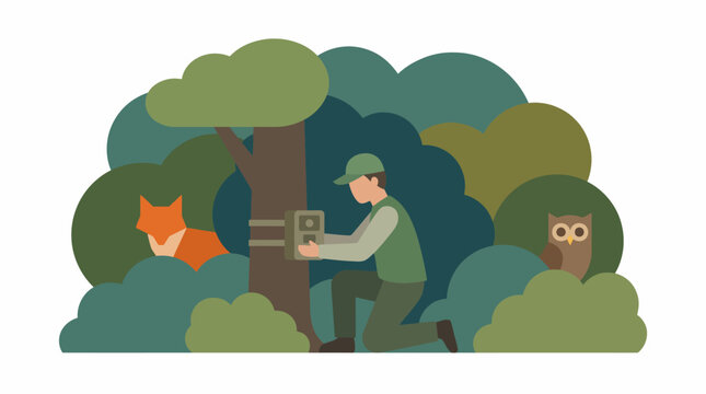 A male wildlife researcher setting up a camera trap on a tree in the forest. EPS Editable. Vector Illustrations.