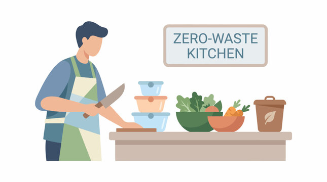 A man in an apron preparing food in a zero waste kitchen setting. EPS Editable. Vector Illustrations.