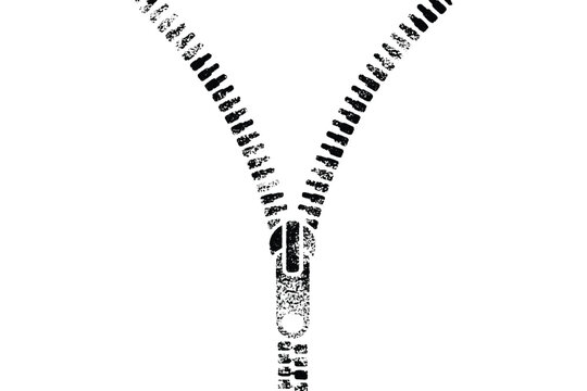 Grunge open zipper with slider, black distressed zip fastener icon, clothing design element on white background.