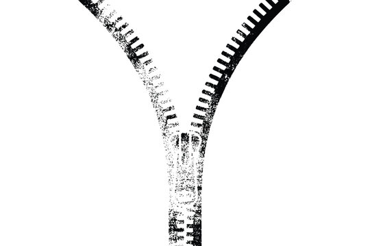 Grunge open zipper with slider, black distressed zip fastener icon, clothing design element on white background.