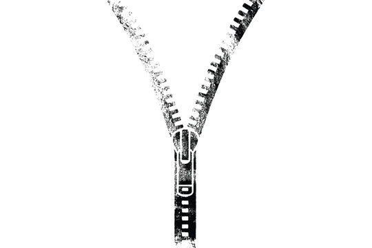 Grunge open zipper illustration, black distressed zip fastener icon, abstract clothing element on white background.