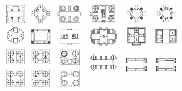 Architectural floor plans depicting various table and seating arrangements