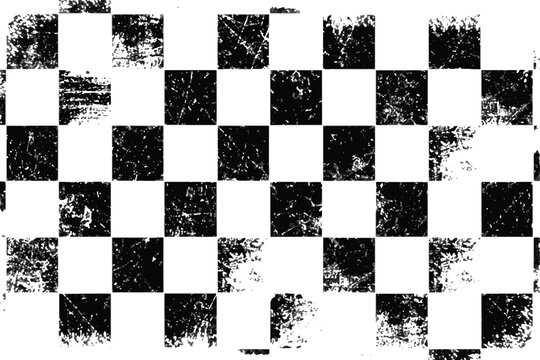 Distressed checkered pattern background, black and white grunge checkerboard texture, vintage racing flag aesthetic.