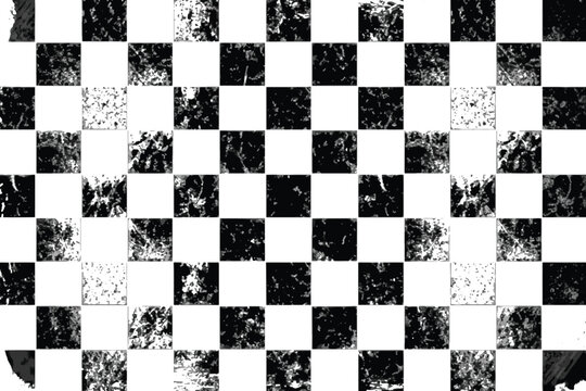 Distressed checkered pattern background, black and white grunge checkerboard texture, vintage racing flag aesthetic.