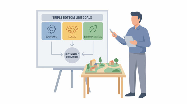 Professional presenting triple bottom line sustainability goals with a model of a green city. EPS Editable. Vector Illustrations.